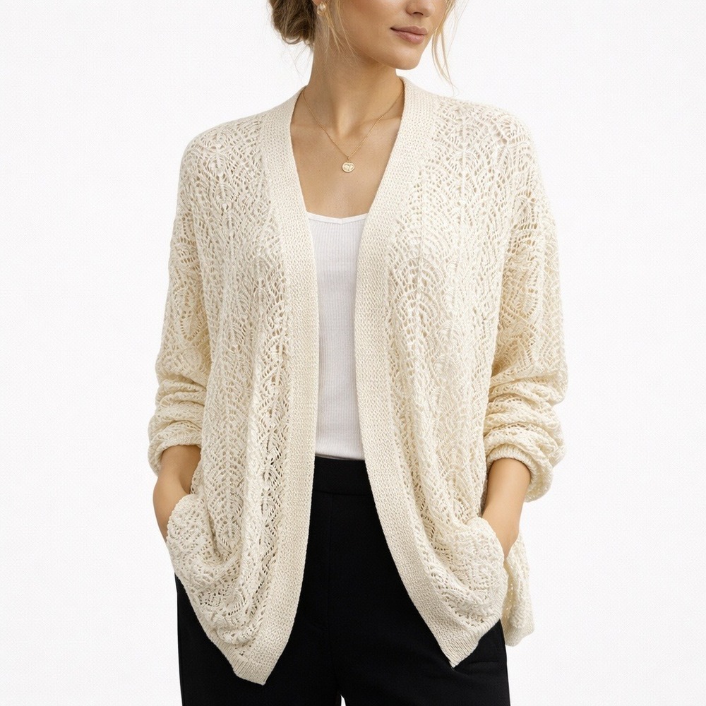 Vintage Women's Sweater 70s Cream Pointelle Crochet Open Front Cardigan Boho XXL